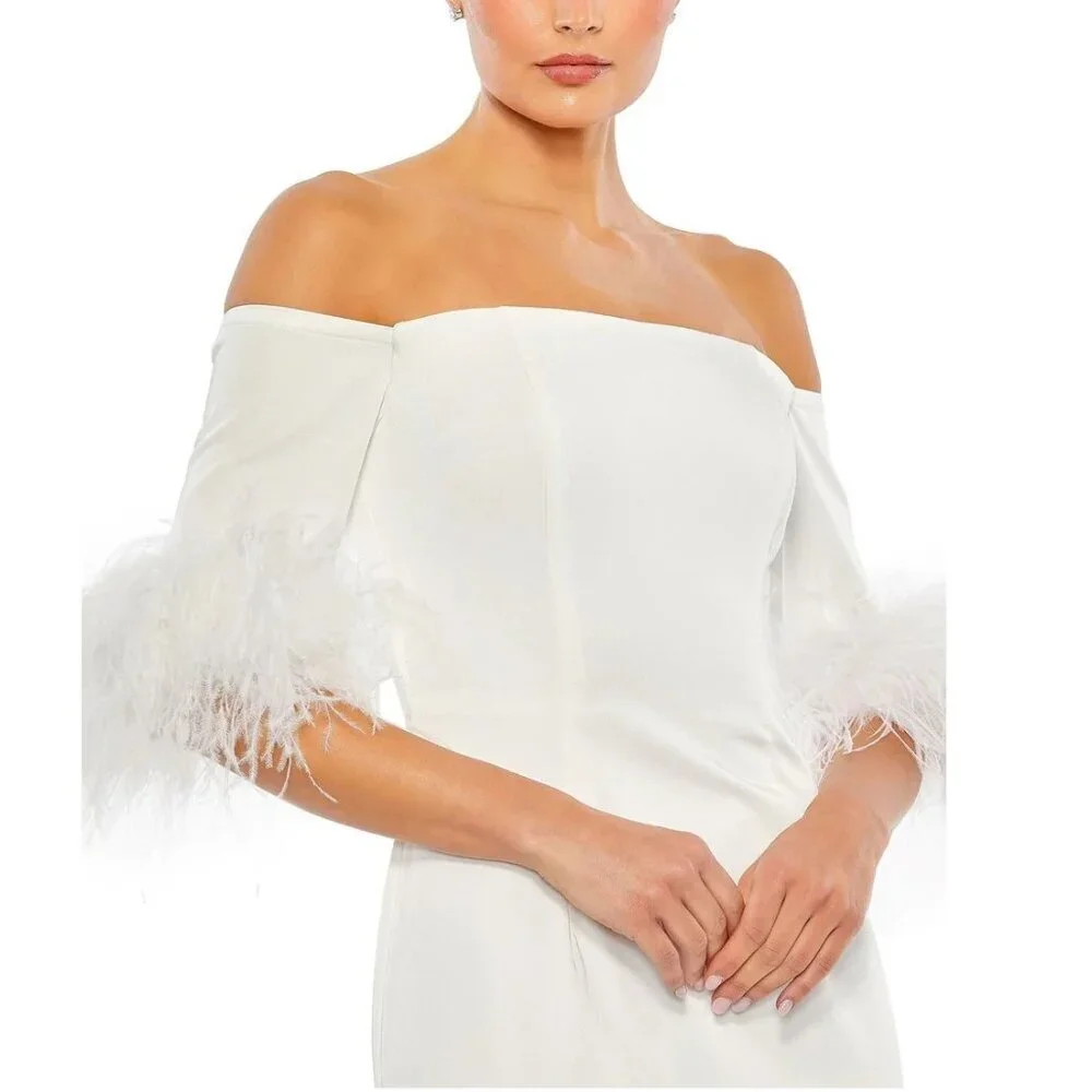 NWT Mac Duggal Feather Trim Off The Shoulder Column Gown White 6